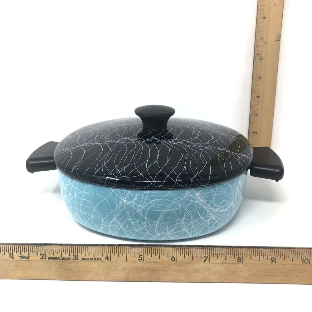 Serendipity 2 Qt Casserole MCM Spaghetti Drizzle Enamel Turquoise Black Cookware